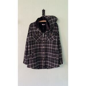 Winter Women Large Black Plaid Fleece Jacket Coat Casual Hooded Warm Button Coat